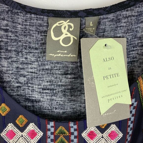 Anthropologie One September Barranco Embroidered Tunic Navy Boho Geo Cottage - L - Picture 3 of 9
